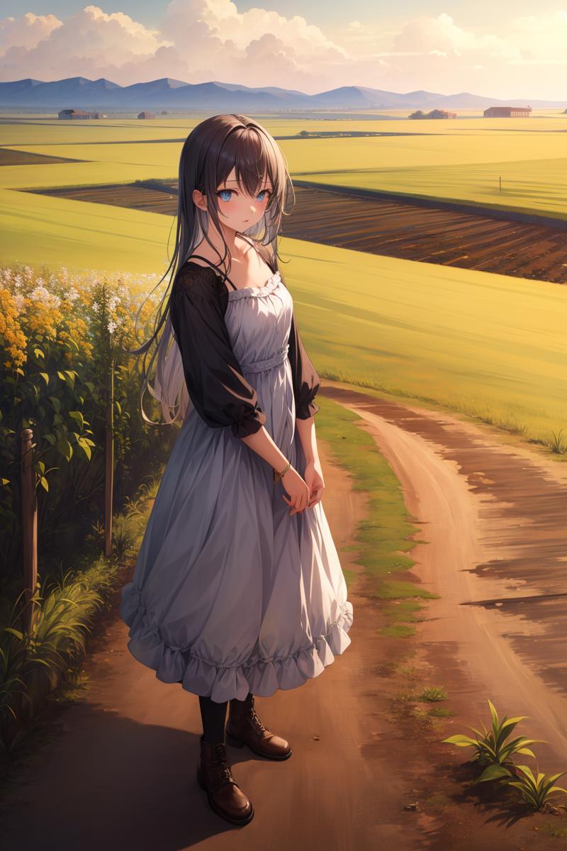 00130-2598443989-1girl, post-apocalypse, ravaged farmland, withered crops, barren soil, desperate farmers, detailed background, , ((masterpiece)).png